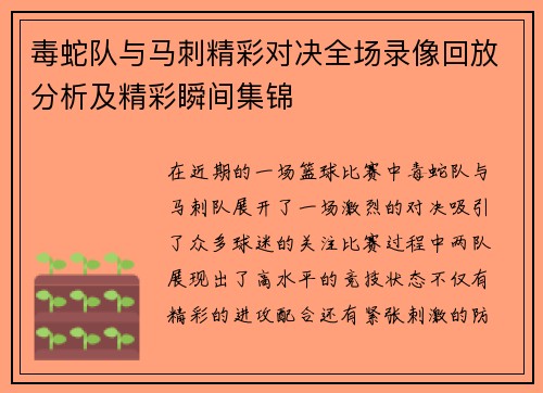 毒蛇队与马刺精彩对决全场录像回放分析及精彩瞬间集锦