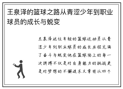 王泉泽的篮球之路从青涩少年到职业球员的成长与蜕变